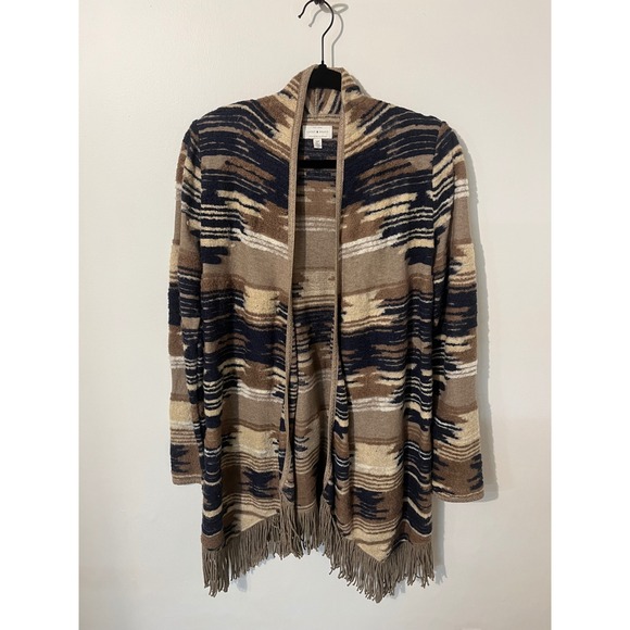 Lucky Brand Sweaters - Lucky Brand Womens Southwestern Fringe Open Front Cardigan Brown Tan Navy Small